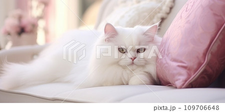 a white cat is laying on a pink couch with pillows a white cat is laying on a pink couch with pillows 109706648