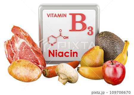 Products containing Vitamin B3, Niacin. 3D rendering Products containing Vitamin B3, Niacin. 3D rendering 109706670