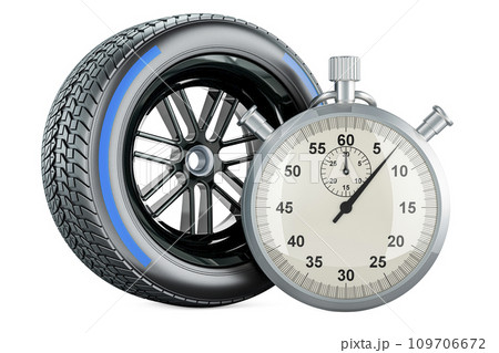 Racing wheel blue wet, compound type tyre with stopwatch. 3D rendering 109706672