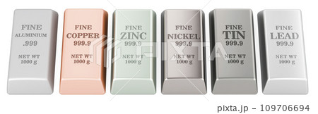 Set of non-ferrous metals ingots, 3D rendering Set of non-ferrous metals ingots, 3D rendering 109706694