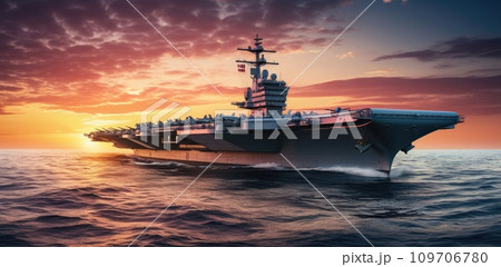 an aircraft carrier is floating on the ocean at sunset 109706780
