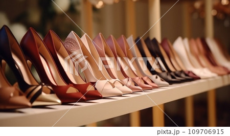 women high heel shoes are lined up in row and hung on rack 109706915
