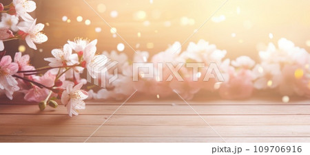 springtime background wooden floor with white flowers and beautiful blossoms 109706916