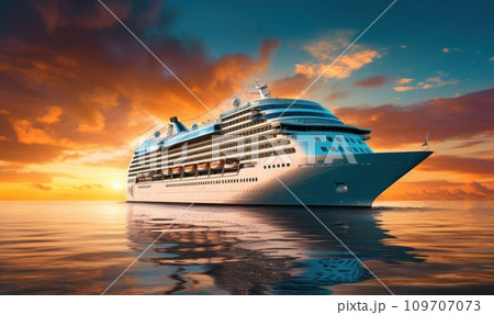 the cruise ship on the ocean at sunset with sunset colored sky 109707073