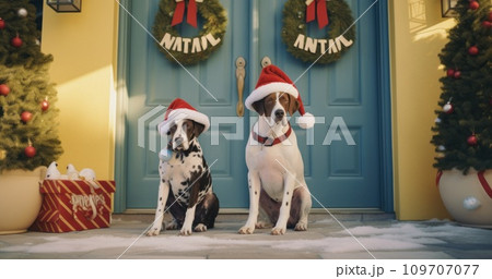 two chihuahua dogs in santa hats sitting on front door 109707077