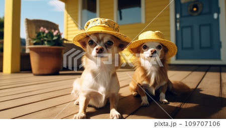 two chihuahua animals are wearing hats on the front porch two chihuahua animals are wearing hats on the front porch 109707106