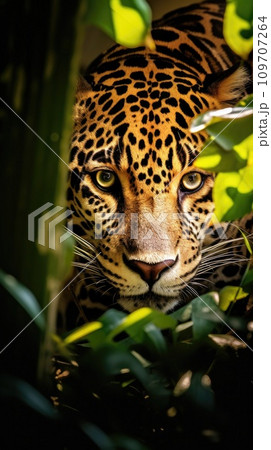 A beautiful and elusive jaguar peers out from behind a tree A beautiful and elusive jaguar peers out from behind a tree 109707264