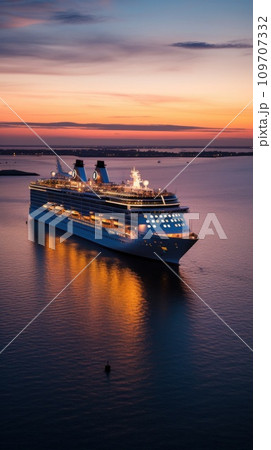 An evocative shot of a cruise ship departing from port at sunset 109707332