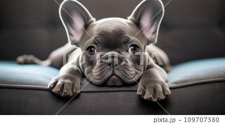 little french bulldog laying on the couch 109707380