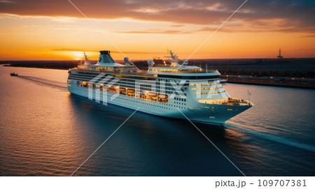 An evocative shot of a cruise ship departing from port at sunset 109707381