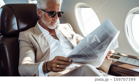 man sitting on the seat of his plane in sunglasses reading a newspaper man sitting on the seat of his plane in sunglasses reading a newspaper 109707399