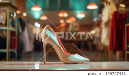 an individual high heel shoe standing in a fashion store 109707438