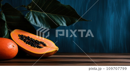 papaya cut in half on a wooden wooden board with leaves 109707799