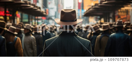 a man walking down the street in a hatのイラスト素材 [109707873] - PIXTA
