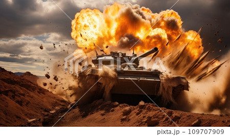 a military tank explode from the top of a hill a military tank explode from the top of a hill 109707909