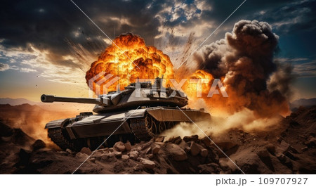 a military tank explode from the top of a hill a military tank explode from the top of a hill 109707927