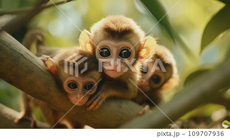 A pair of adorable baby monkeys cling to their mother's back as they swing through the trees 109707936