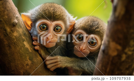 A pair of adorable baby monkeys cling to their mother's back as they swing through the trees 109707938