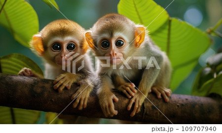 A pair of adorable baby monkeys cling to their mother's back as they swing through the trees A pair of adorable baby monkeys cling to their mother's back as they swing through the trees 109707940