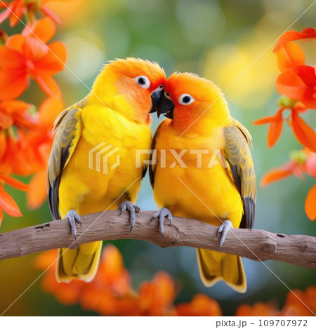 A pair of lovebirds sitting together on a branch, their bright orange and yellow feathers 109707972