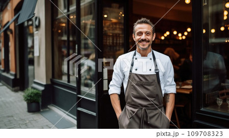 chef standing proudly in front of a restaurant, wearing his chef's jacket and a big smile 109708323
