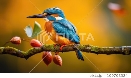 A colorful kingfisher perched on a tree branch A colorful kingfisher perched on a tree branch 109708324