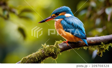 A colorful kingfisher perched on a tree branch A colorful kingfisher perched on a tree branch 109708328