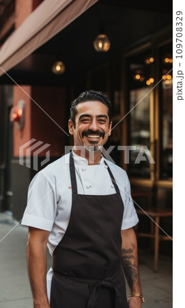 chef standing proudly in front of a restaurant, wearing his chef's jacket and a big smile chef standing proudly in front of a restaurant, wearing his chef's jacket and a big smile 109708329