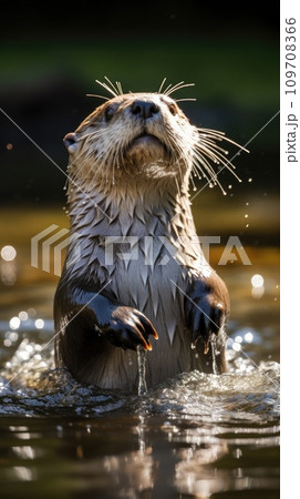 A curious and playful otter splashes through the water A curious and playful otter splashes through the water 109708366