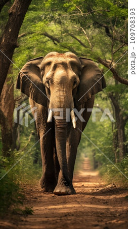 A regal and majestic elephant, its massive form dwarfing the trees around it A regal and majestic elephant, its massive form dwarfing the trees around it 109708393