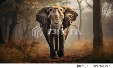 A regal and majestic elephant, its massive form dwarfing the trees around it A regal and majestic elephant, its massive form dwarfing the trees around it 109708397