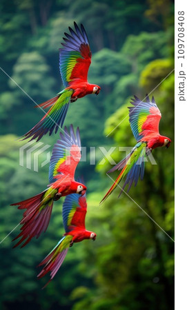 A flock of parrots in flight, their vibrant plumage contrasting against the lush green foliage A flock of parrots in flight, their vibrant plumage contrasting against the lush green foliage 109708408