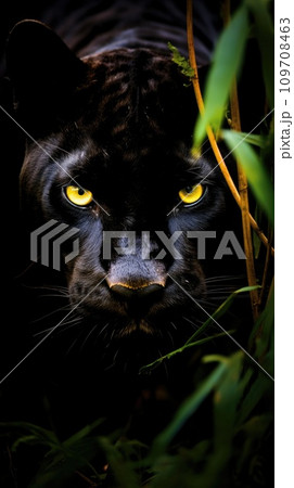 A sleek and powerful black panther prowls through the underbrush 109708463