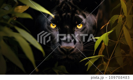 A sleek and powerful black panther prowls through the underbrush A sleek and powerful black panther prowls through the underbrush 109708483