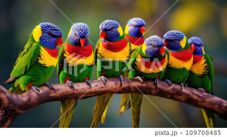 A group of brightly colored lorikeets perched on a tree branch 109708485