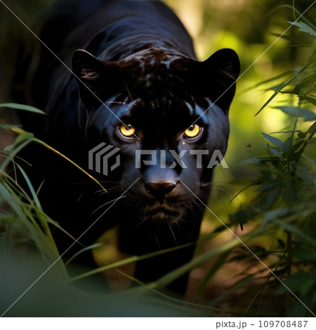 A sleek and powerful black panther prowls through the underbrush A sleek and powerful black panther prowls through the underbrush 109708487