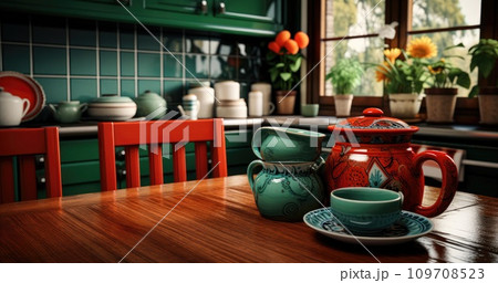a kitchen table and drawers full of red and green dishes a kitchen table and drawers full of red and green dishes 109708523