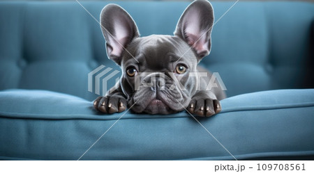a little french bulldog leaning on a couch 109708561