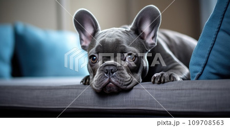 a little french bulldog leaning on a couch 109708563
