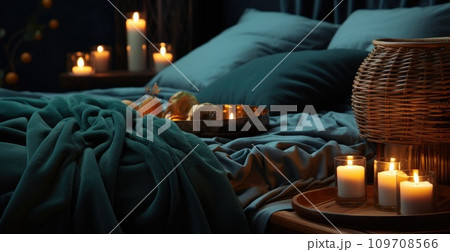 a bed is covered with blankets and candles a bed is covered with blankets and candles 109708566