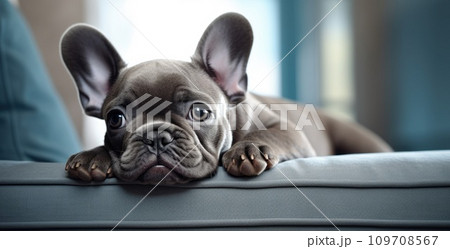 a little french bulldog leaning on a couch a little french bulldog leaning on a couch 109708567