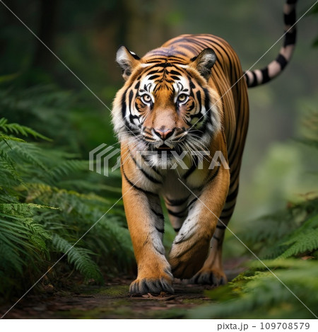 A majestic Bengal tiger, with its striking orange-and-black coat 109708579