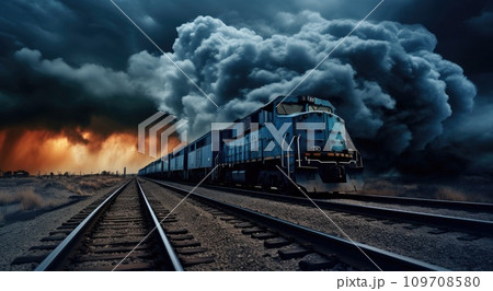 a blue and black train is on the tracks with a stormy sky 109708580