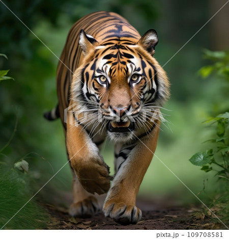 A majestic Bengal tiger, with its striking orange-and-black coat A majestic Bengal tiger, with its striking orange-and-black coat 109708581