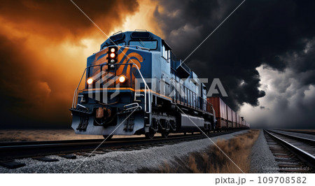 a blue and black train is on the tracks with a stormy sky 109708582