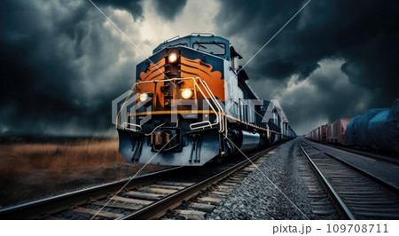 a blue and black train is on the tracks with a stormy sky a blue and black train is on the tracks with a stormy sky 109708711