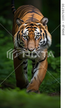 A majestic Bengal tiger, with its striking orange-and-black coat A majestic Bengal tiger, with its striking orange-and-black coat 109708730