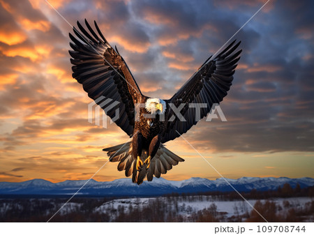 A majestic eagle soaring through the sky, with its powerful wings extended A majestic eagle soaring through the sky, with its powerful wings extended 109708744