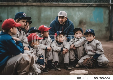 AI-generated content. Coach explaining the game plan for kids team 109709228
