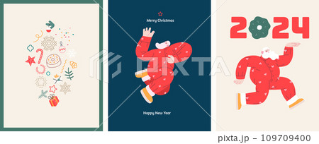 Christmas postcards with Santa Claus - modern flat vector concept illustrations of the Christmas and New Year symbols, vertical postcards set Christmas postcards with Santa Claus - modern flat vector concept illustrations of the Christmas and New Year symbols, vertical postcards set 109709400